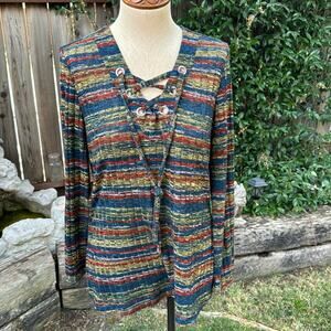 Chenault Women's Small V-Neck Lace Up Multicolor Stripe Lightweight Sweater Top